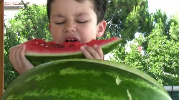 Μικρό αγόρι τρώει καρπούζι — Αρχείο Βίντεο