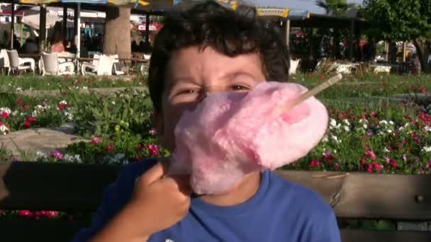 Pequeño niño comiendo algodón caramelo — Vídeos de Stock
