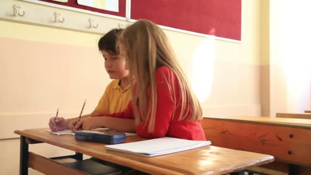 Lächelnde Schüler, die gemeinsam in einem Klassenzimmer arbeiten — Stockvideo