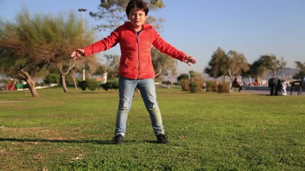 Giovane ragazzo calci palla in erba all'aperto — Video Stock