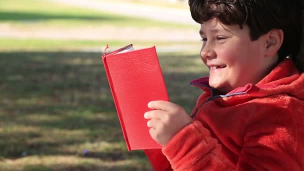 Menino de 9 anos sentado na grama lendo um livro infantil — Vídeo de Stock