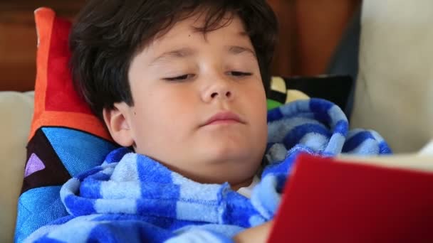 Мальчик лежит на диване и читает книгу — стоковое видео