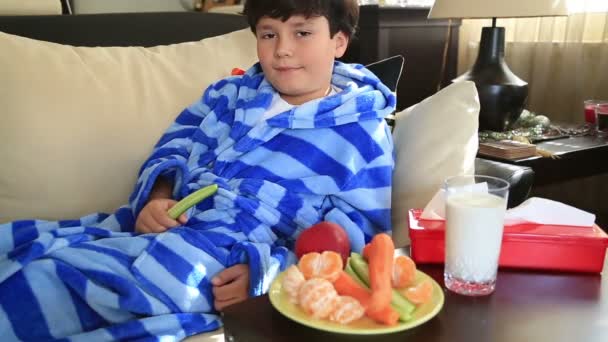 Niedliches Kind liegt auf dem Sofa und isst Gurke — Stockvideo