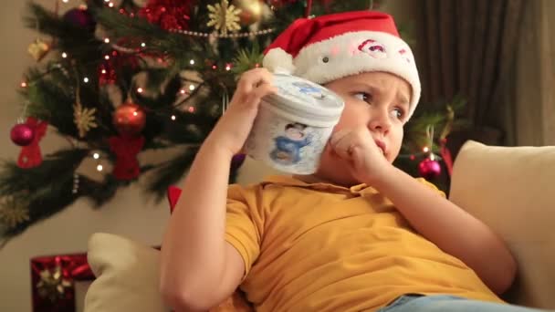 Menino feliz com presente de Natal sentado na frente da árvore de Natal — Vídeo de Stock