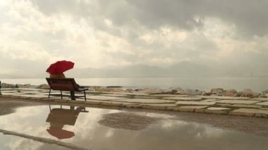 Bir bankta oturan şemsiye kadınla