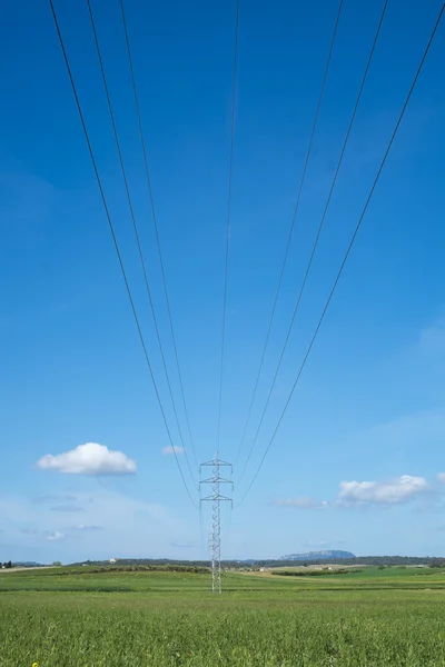 Yüksek gerilim iletim kulesi ve kablo hattı kırsal mavi gökyüzü altında