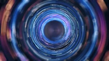 Bokeh 'li bir neon çemberin soyut, pürüzsüz döngüsü. 3 boyutlu görüntüleme. Bulanık mavi, mor ve turuncu neon daireler arasında uçuyor. Fütürist yüksek teknoloji, arka planda kusursuz döngü. Ultra HD 4K 3840x2160 3D animasyon. 