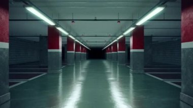 Boş bir yeraltı otoparkından geçiyorum. Endüstriyel iç. Döngüsel 4K ProRes sinematik CG canlandırması.