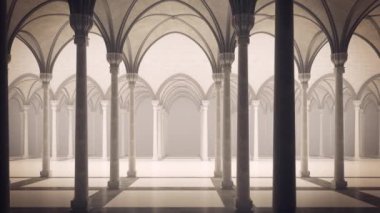 İç avlusu olan gotik bir saray. Ön plan için Luma Mtte. Döngüsel animasyon. Mimarlık geçmişi. 4K video.