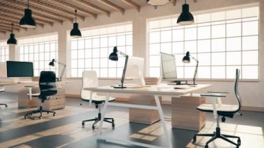 Boş, modern bir çatı katı açık alanının içi. 4K döngülenebilir modern ofis görüntüleri.