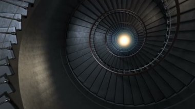 Işığa doğru dönen sarmal merdiven. Kusursuz döngü. 4k oluşturma.