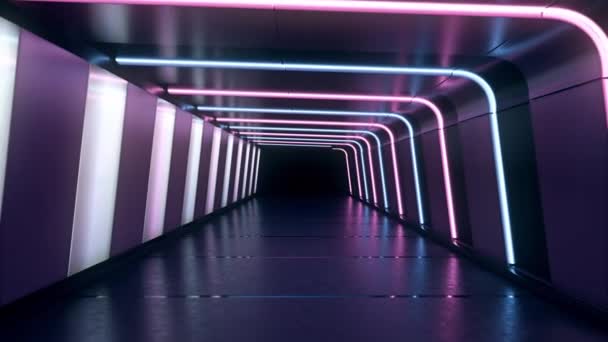 Движение Вперед Внутри Бесконечного Туннеля Сияющими Голубыми Розовыми Неоновыми Линиями — стоковое видео