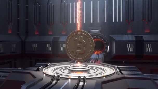 Bitcoin Γυρίζοντας Στην Οθόνη Κινούμενο Σχέδιο Του Νομίσματος Bitcoin Στο — Αρχείο Βίντεο