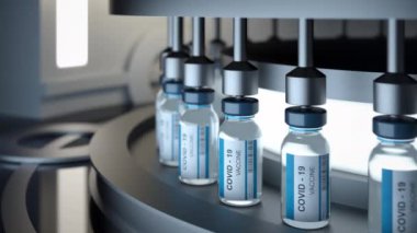 Covid-19 aşısı geliştirme ve üretme süreci. Coronavirus, 4K üretim hattında 3D döngüsü olmayan üç boyutlu bir animasyon üretti..