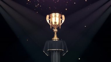 Altın kupa ödülünü hacim ışıkları ve altın konfetiyle yakınlaştır. Başarı kavramı. Siyah arka plan. 4K canlandırması. 