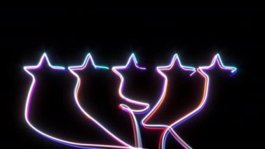 Beş yıldızlı animasyon 4K Neon Parlak Hat Yıldız Derecelendirme Animasyonu Siyah Arkaplanda.