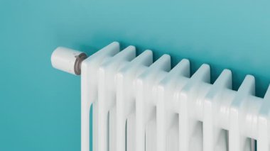 Enerji tasarrufu için termostatı modern beyaz radyatöre ayarlıyorum. Artan ısıtma maliyetleri, enerji verimliliği ve yaşam krizi maliyeti kavramı. Ultra HD 4K 3840x2160 3D animasyon.