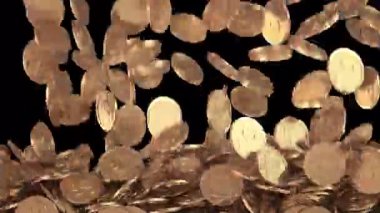 Altın sikkeler düşüyor ve ekranı doldurmak için birikiyor. Üç boyutlu para birimi animasyonu alfa kanallı şeffaf bir arkaplanda birikiyor..