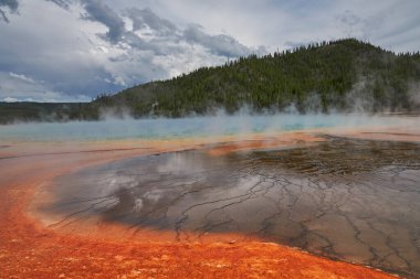 Yellowstone Parkı 'nda renkli toprak ve sıcak su dolu prizmatik havuz.