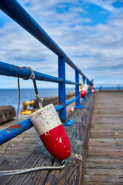 Red White Fender Tied Blue Metal Rail Quai Port Angeles — Stock Photo, Image