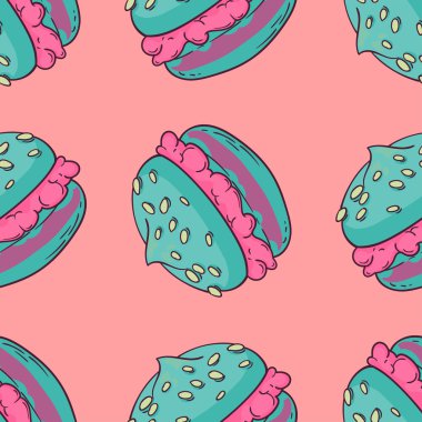 Yumuşak pembe bir arka plan üzerinde sevimli mavi macaroons ile vektör kesintisiz çizgi film tarzı desen