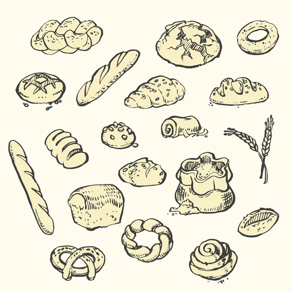 Brood pictogram set handgetekende schets, goed voor bakkerij brouchure — Stockvector