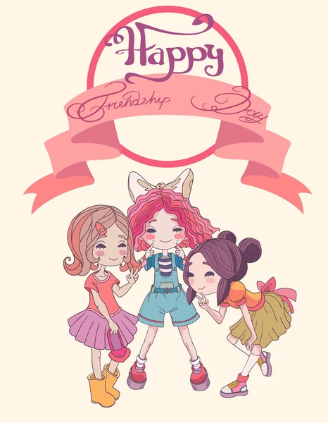 Cartoon hand getekend vectorillustratie van meisjes, groet op dag van de vriendschap — Stockvector