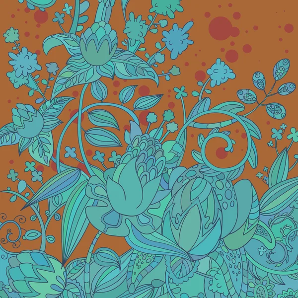 Vector vintage mano dibujado fondo floral con flores de floración azul sobre fondo marrón — Vector de stock