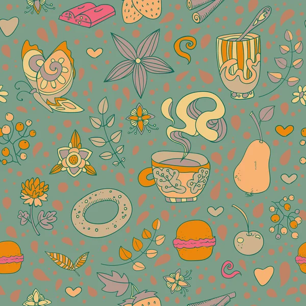 Fondo dibujado a mano vector sin costuras con dulces, té, magdalena, café y flores — Vector de stock