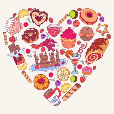 Tatlılar, kek, çörek, çay ve fruitw formu kalbinde vektör nefis karikatür çikolata arka plan
