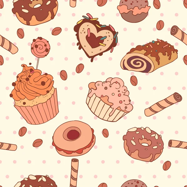 Delicioso pastel dulce colorido caramelo macarrón cupcake donut patrón sin costuras, en fondo vintage luz — Vector de stock