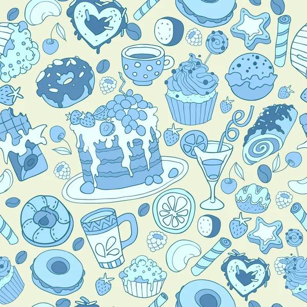 Vector hand getrokken naadloze patroon met taart, thee, koffie en snoep, suikergoed en lollies in blauwe Toon — Stockvector