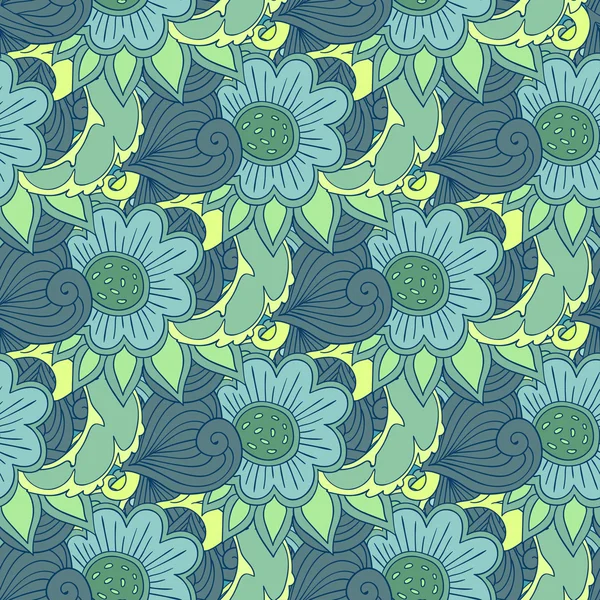 Vector seamless hand drawn pattern with decorative sunflowers in blue colors — Stock Vector