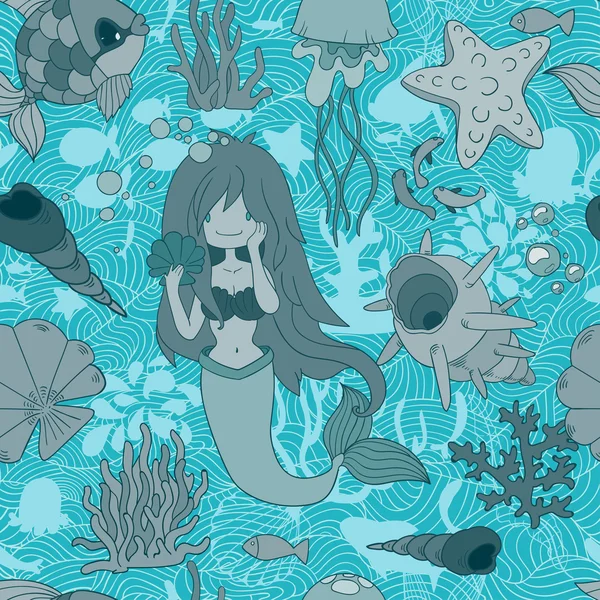Vektör seamless modeli ile karikatür deniz köydür, elle çizilmiş illüstrasyon kabuk, denizanası, deniz kızı, deniz yıldızı ve mavi renklerde deniz yosunu ile — Stok Vektör