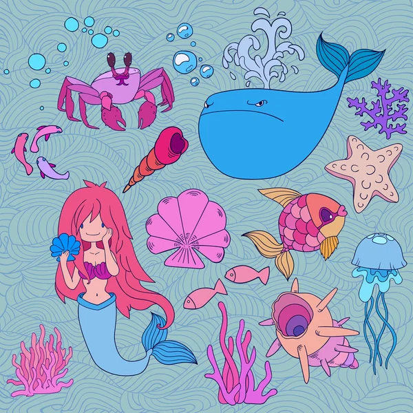 Conjunto vetorial de ícones do mar dos desenhos animados, ilustração desenhada à mão com concha, água-viva, baleia, sereia, estrela do mar e algas marinhas — Vetor de Stock