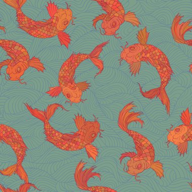 Gökkuşağı sazan desen. İzole el ile sorunsuz oryantal doku balıklar çizilmiş. Vektör arka planda yinelenen sualtı yaban hayatı.