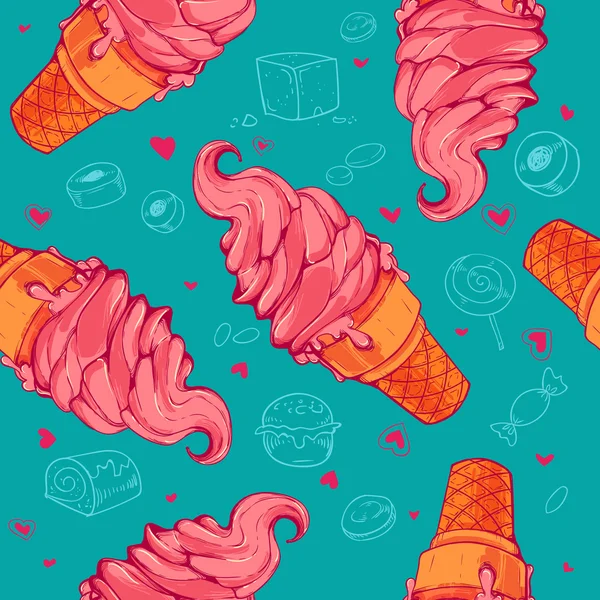 Patrón sin costuras con helado delicioso de frutas. fondo vector vintage con corazones y dulces — Archivo Imágenes Vectoriales