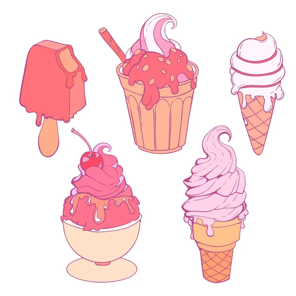 Suaves colores pastel mano dibujado conjunto de helados — Vector de stock