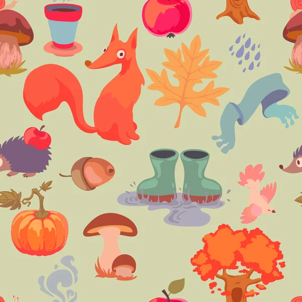 Textura perfecta con lindo pájaro, zorro, setas y hojas de otoño. Fondo vectorial . — Vector de stock