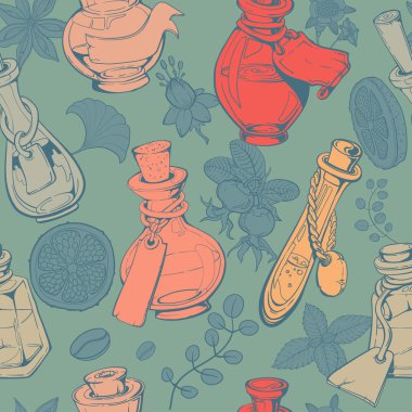cute decorative bottles and glasses  with  plants and flowers arranged in lines sketch hand drawings, seamless pattern, blue background