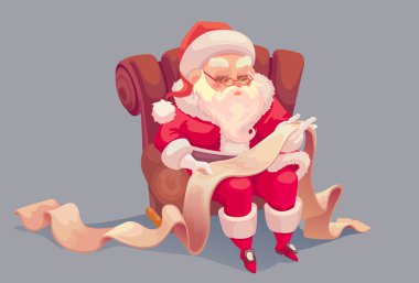 Vector cartoon of Santa Claus seating on the chair and reading children names