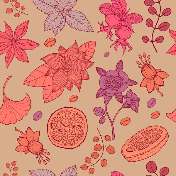 Vektor kézzel rajzolt vintage háttér, varrat nélküli mintát tea gyógynövények és fűszerek — Stock Vector