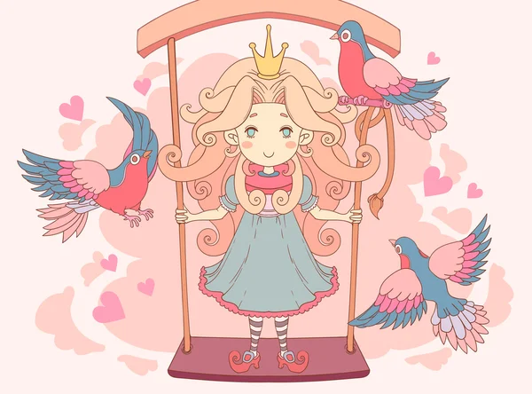 Dibujos animados hermosa princesa que de pie en columpio con aves sobre fondo de flores. Vector ilustración dibujada a mano . — Vector de stock