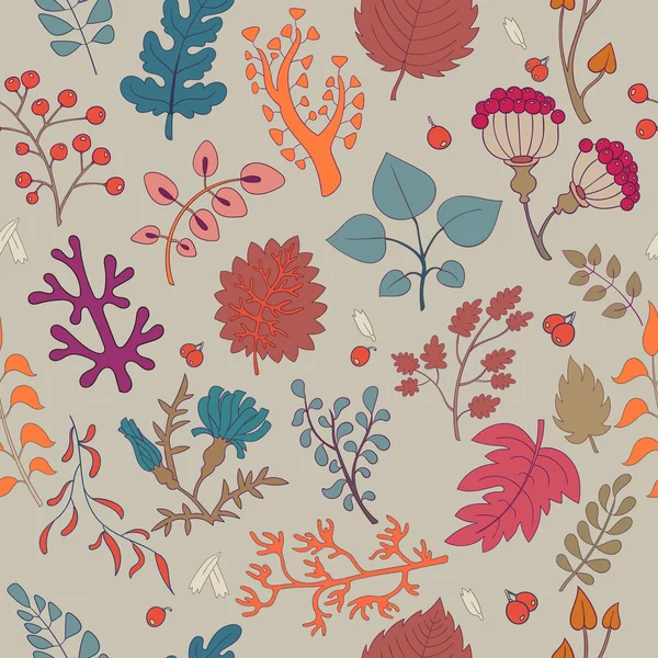 Vector hand drawn illustration, seamless pattern with plants and leaves, autumn background. good for print — Stock vektor