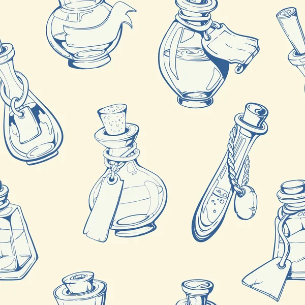 Different kinds of decorative bottles. Collection of hand-drawn bottles and food. Retro vintage style food design. Seamless pattern.Vector illustration. — 스톡 벡터