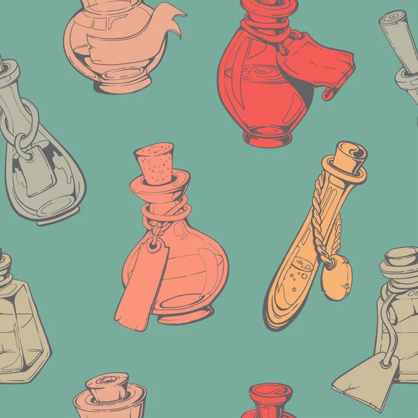 Diversi tipi di bottiglie decorative. Raccolta di bottiglie disegnate a mano. Stile vintage retrò food design. Motivo senza cuciture. Illustrazione vettoriale . — Vettoriale Stock