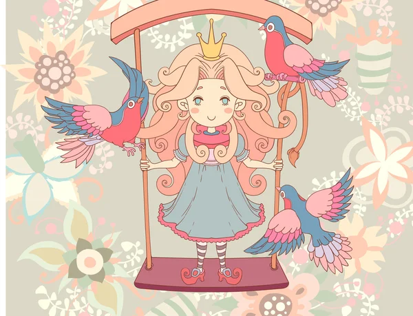 Ilustración de hermosa princesa con pájaros sobre fondo de flores. Vector ilustración dibujada a mano . — Archivo Imágenes Vectoriales