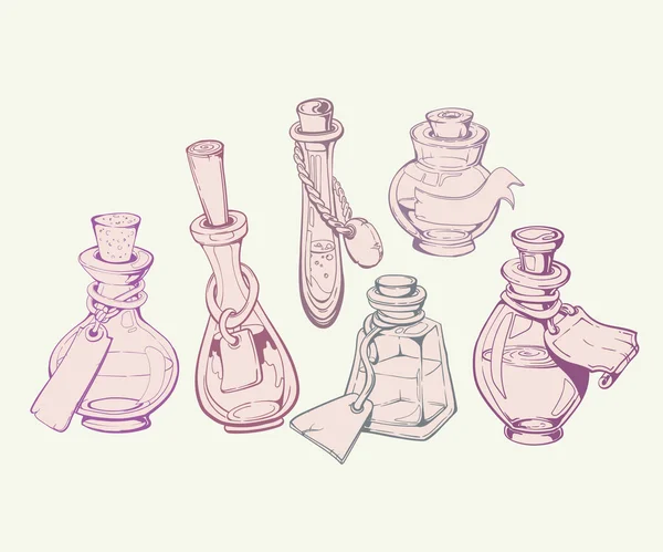 Colección vectorial de botellas y decorativos dibujados a mano. Frascos de vidrio decorativo vintage aislados en blanco — Vector de stock