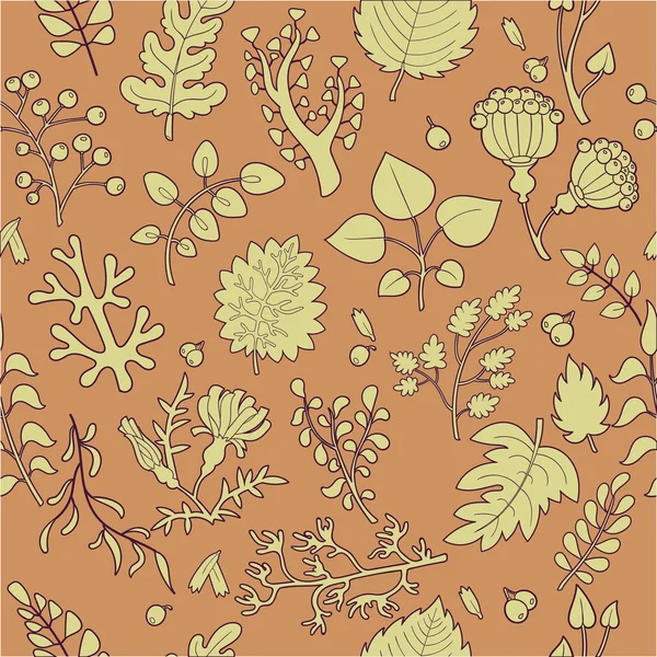 Plants and flowers seamless pattern in yellow and brown colors, vector hand drawn illustration — Stockvector