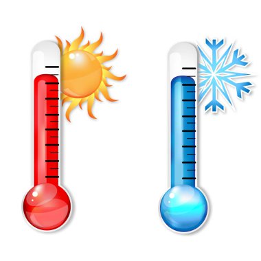 Beyaz zemin üzerinde sıcak ve soğuk sıcaklık termometreleri 